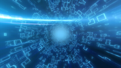 Bright blue digital tunnel with glowing squares spiraling toward a radiant technological core