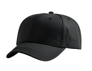 A black, baseball-style cap made of leather, with a curved brim