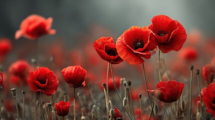 Obraz premium Red poppy flowers stand tall in a field on a sunny day. Some flowers bloom fully while others are closed. The light creates a warm glow around them.