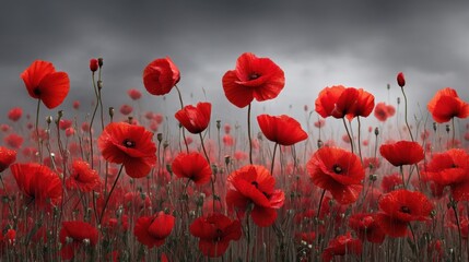 Fototapeta premium Poppy flowers fill the field with bright red color as they sway gently. A cloudy sky looms above creating a dramatic backdrop for the scene.