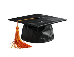 A black graduation cap with an orange tassel against a dark backdrop