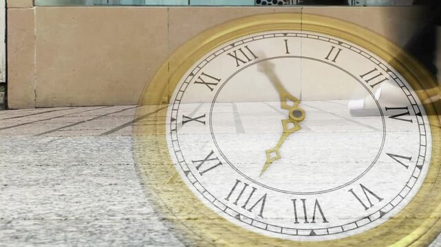 Animation of happy new year text and clock over time-lapse of walking people on street