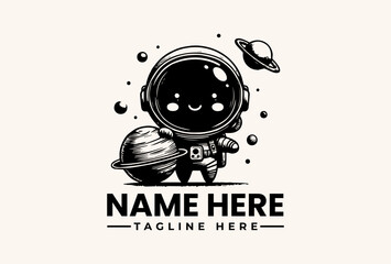 A cartoon astronaut mascot with a smiling face floats in space with planets and stars, accompanied by a customizable 'NAME HERE' and 'TAGLINE HERE' text in a black and white vector