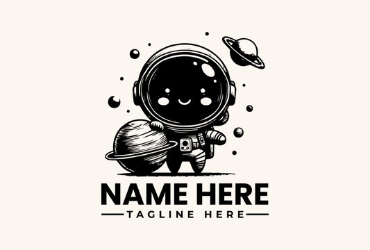 A cartoon astronaut mascot with a smiling face floats in space with planets and stars, accompanied by a customizable 'NAME HERE' and 'TAGLINE HERE' text in a black and white vector - Powered by Adobe