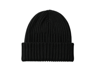 A close-up of a black knit beanie, showing the ribbed texture