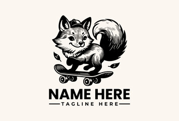 A black and white illustration of a fox on a skateboard with a logo template and text placeholder on a beige background.