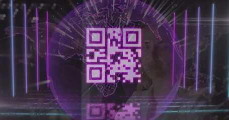 Animation of globe and qr code over caucasian man using smartphone - Powered by Adobe