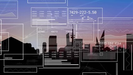 This video is a digital composite of a city skyline at dusk with data connection lines and charts - Powered by Adobe