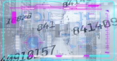 Animation of numbers, abstract pattern and infographic interface over server room in background - Powered by Adobe