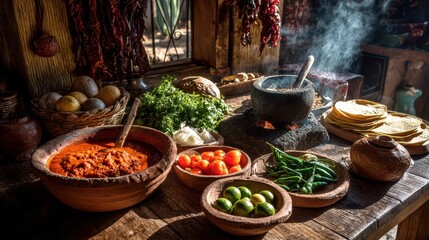 Sunlit Mexican kitchen: tortillas, peppers and herbs around a bubbling red sauce