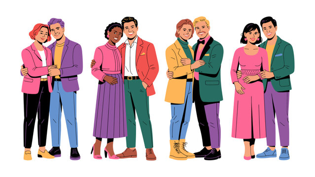 Love and Diversity: A vibrant and inclusive image showcases a series of couples, embracing and radiating joy, embodying the beauty of diverse relationships and the universal language of affection.