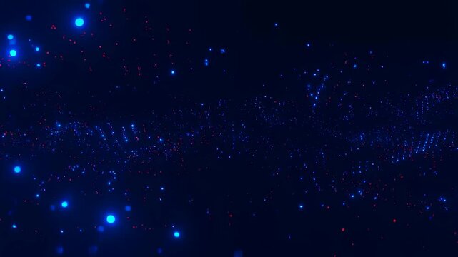 Abstract blue and red glowing particles moving in a dark space. Represents digital technology, data visualization, and futuristic concepts