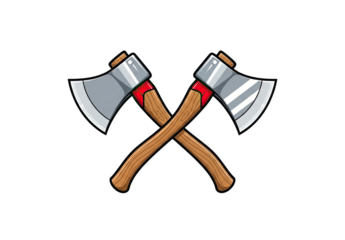 Two Crossed Wood Chopping Axes With Red Bands On Wooden Handles Isolated On Black