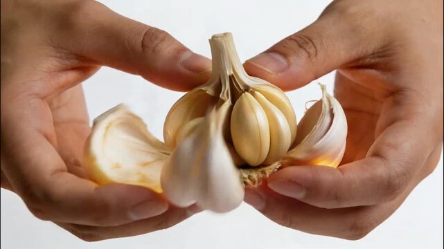 Close-up of Hands Opening a Glowing Garlic Bulb