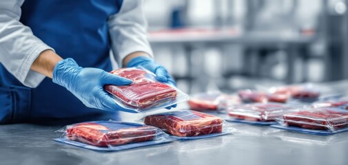 The Packaged Beef Steaks on Stainless Steel Table in Food Processing Plant