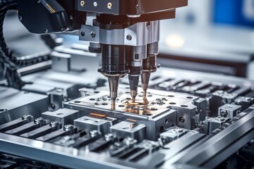 Robotic machine performing precise soldering on an intricate metal component in manufacturing
