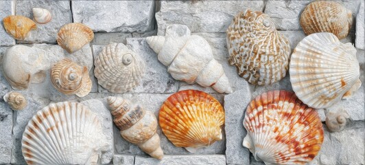 The Seashells Displayed on a Rustic Stone Mosaic Wall in Warm Tones