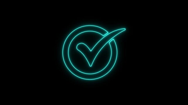 Glowing Neon Checkmark Circle Confirmation Symbol in Black Background Technology Concept neon sign