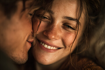 The couple is smiling and hugging while spending time together in bed