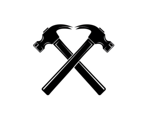 Two Hammers Crossed Silhouette Against Black Background With White Outline