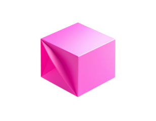 Pink 3D cube with a partially unwrapped, folded corner on black