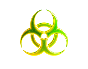 A vibrant, glowing green biohazard symbol on a stark black background