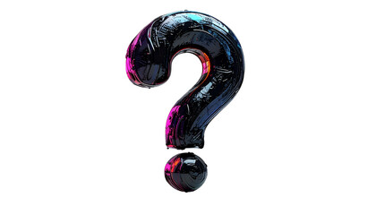 Glossy, metallic, iridescent question mark floats in a black void