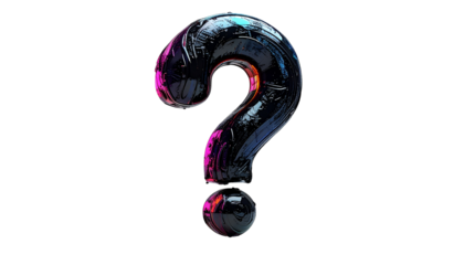 Glossy, metallic, iridescent question mark floats in a black void