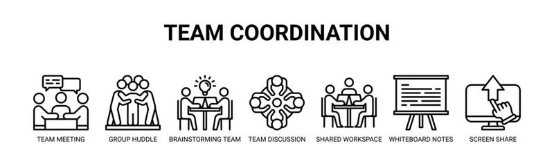 Team Coordination web banner icon vector illustration concept with icons of team meeting, group huddle, brainstorming team, team discussion, shared workspace, whiteboard notes, screen share.