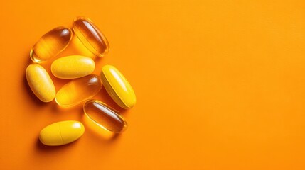 Top-down shot of yellow tablets and capsules on an orange canvas with empty left side