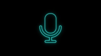 Glowing neon microphone on black background for audio voice recognition technology podcasting and music recording symbol
