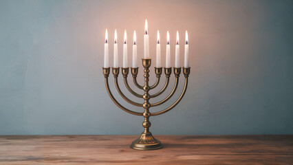 Fototapeta premium Golden menorah with lit candles on wooden table indoors