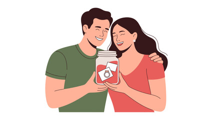 Love in a Jar: A loving couple embraces, tenderly holding a mason jar filled with love, featuring a precious ring as a symbol of their bond. 