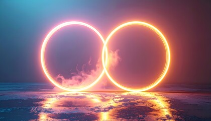 two glowing circles in the center of the image against a vibrant background of a beach and ocean