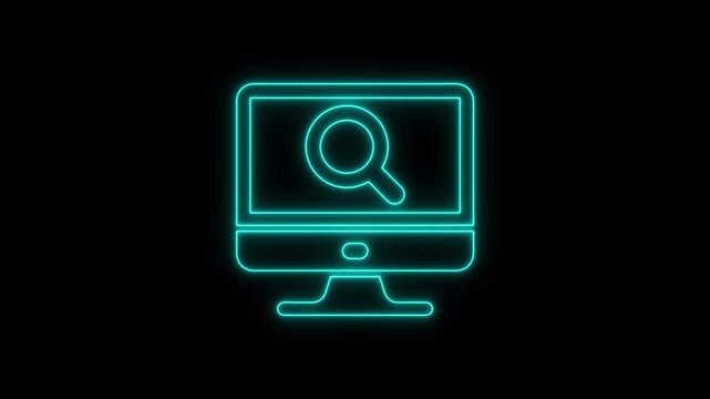 Neon computer monitor with magnifying glass on screen search concept futuristic technology