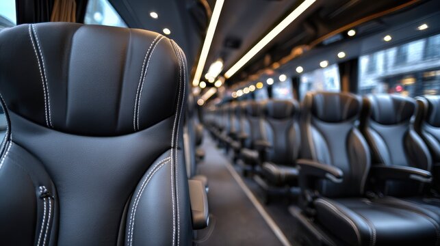 Interior of a luxury tour bus with rows of comfortable black leather seats and modern lighting