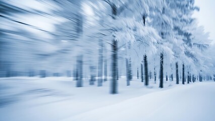 Blurred Snowy Forest with Trees and Snow Covered Ground blurry winter