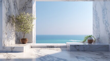 Fototapeta premium Luxury modern terrace with white marble walls and floor overlooking the calm blue ocean