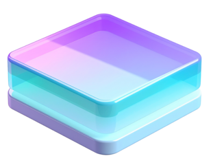 Isometric, layered, glowing, digital cube with gradient colors and glass-like effect