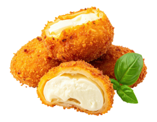 Golden fried, cheesy bites with a fresh basil leaf