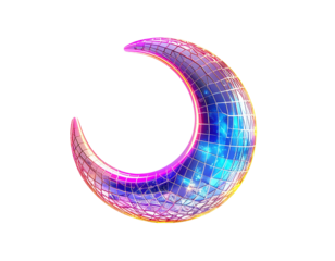 Crescent moon made of reflective tiles, glowing with neon colors
