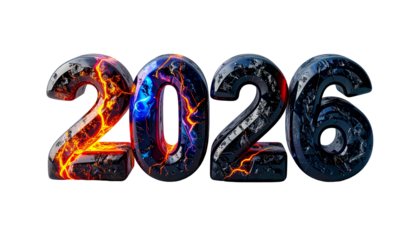 Year "2026" rendered in 3D with fiery, cracked, and icy textures