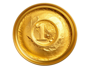 Gleaming, golden coin with the number "1" centrally embossed