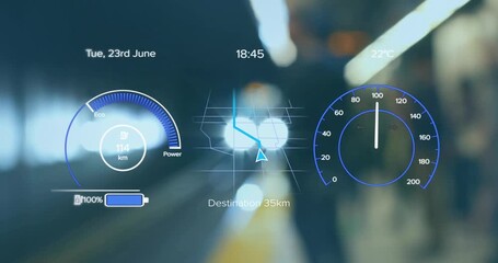 A digital interface with speedometer and energy icons on a blue background - Powered by Adobe