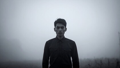 Portrait of a young man in a foggy landscape.
