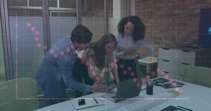 Animation of falling graph and grid pattern over diverse coworkers discussing reports on laptop