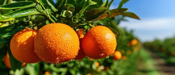 The Oranges on a Dewy Citrus Tree in a Sunny Orchard Morning