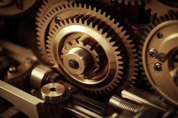 Intricate brass gears and cogs interlinking, representing clockwork, teamwork, and engineering precision