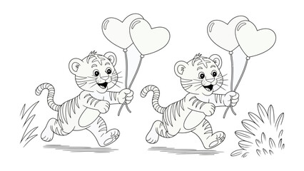 Obraz premium Joyful Cubs' Escapade: Two cheerful tiger cubs, clutching heart-shaped balloons, bounding through a field, exuding pure innocence and delight. 