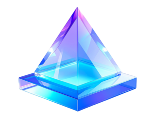 Glowing, geometric glass pyramid atop a base, gradients of blue and purple